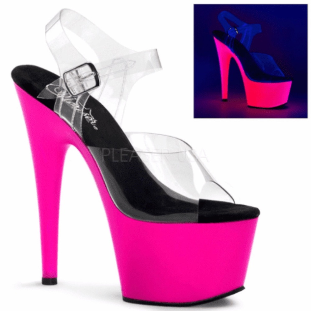 Pleaser Adore 708 UV Clear and Neon Pink Platform Heels